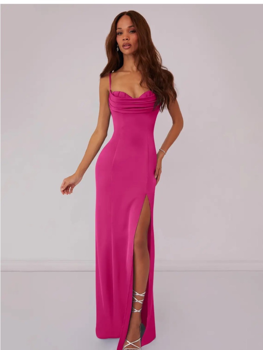 Azazie Fuchsia Pink Maxi Dress with Cowl Neck and Thigh Slit